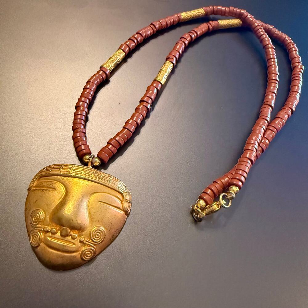Pre-Columbian Sacred Mask Reproduction Gold-Plated Necklace